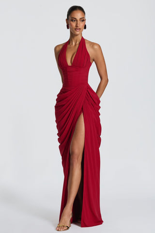 Draped Halter Corset Long Dress with High Slit