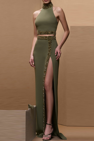 Embellished Olive Halter neck Top & Slit Maxi Skirt Set