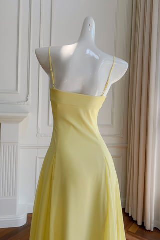 Yellow Sweetheart Neck Chiffon Flowing Pleated  Long Dress