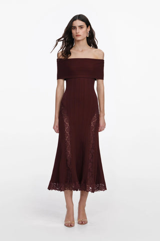 Luxe Ribbed Knit Off-Shoulder Lace Panel Long Dress