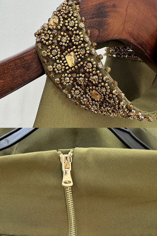 Embellished Olive Halter neck Top & Slit Maxi Skirt Set