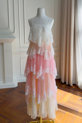 Tiered Lace Long Dress – Layered Ruffle Design, Crisscross Back & Flowy Fit