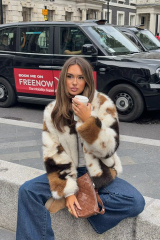 Vintage Pattern Faux Fur Zip-Up Coat