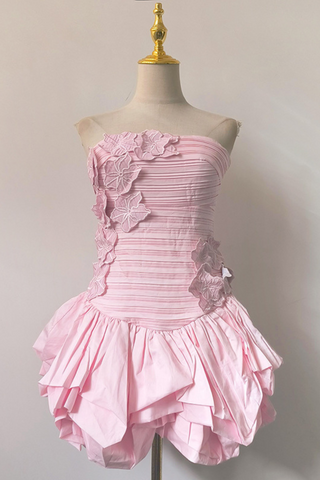 Floral Appliqué Strapless Puff Mini Dress