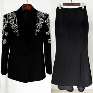 Crystal Embellished Long Sleeve Tailored Blazer & Mermaid Skirt Set