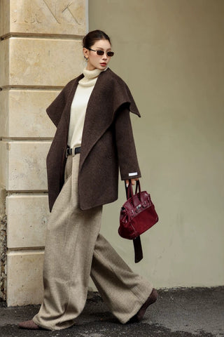 Wool Blend Oversized Shawl Collar Belted Coat