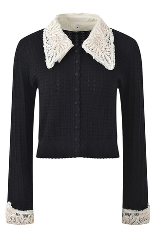 Embroidered Collar Long Sleeve Pointelle Knit Cardigan
