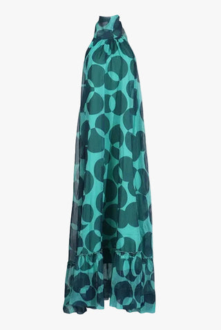 Sleeveless Halter Neck Open-Back Printed Chiffon Long Dress with Ruffle Hem