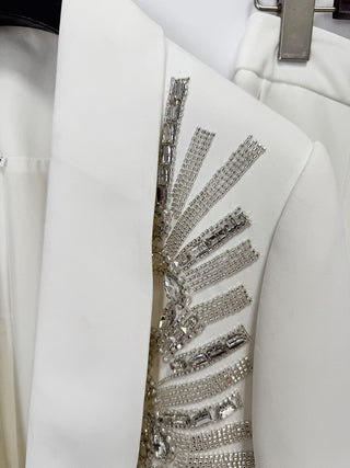Crystal Embellished Shawl Collar Blazer & Wide Leg Pants Set