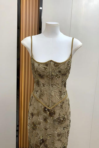 Floral Sequin Corset Long Dress – Spaghetti Strap Fitted Dress