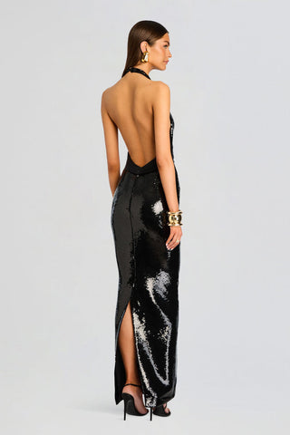 Sequin Halter Neck Long Dress with Open Back and Slit