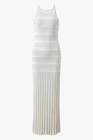 Pearl-Embellished Knit Long Dress – Sleeveless with Pleated Hem