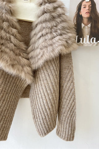Statement Faux Fur Collar Ribbed Knit Long-Sleeve Cardigan