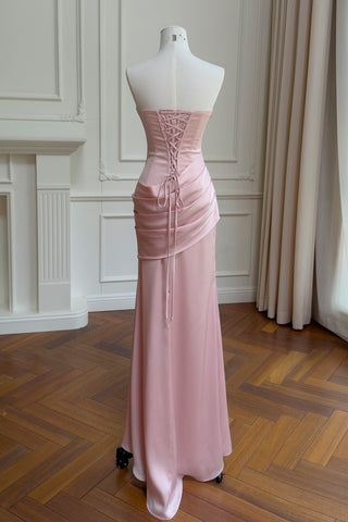 Satin Draped Corset Long Dress with Scarf – Elegant Strapless Design