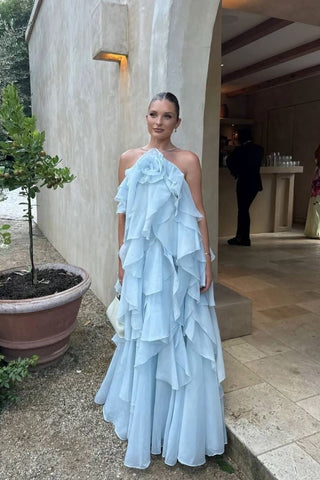 Floral Ruffle Organza Long Dress with Halter Neck