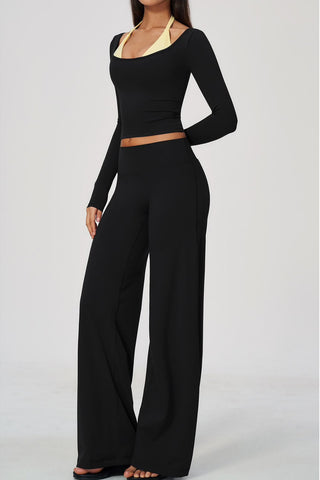 Scoop Neck Long Sleeve Top & Wide-Leg Pants Set