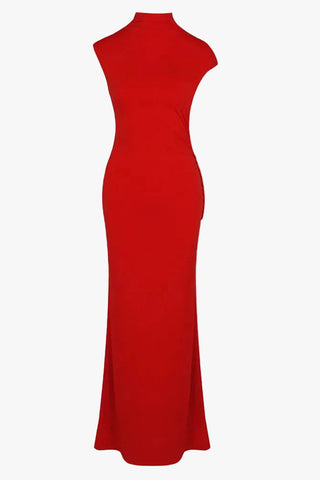 Open Back High Neck Long Evening Dress with Draped Detail