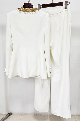 Elegant Embellished Blazer & Wide-Leg Pants Set – Tailored Formal Two-Piece Suit