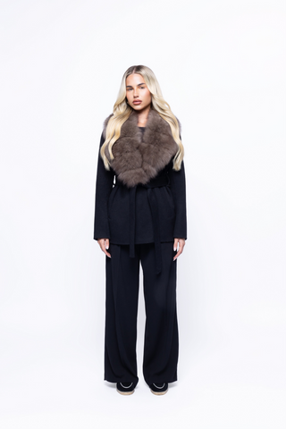 Plush Faux Fur Collar Belted Long-Sleeve Jacket
