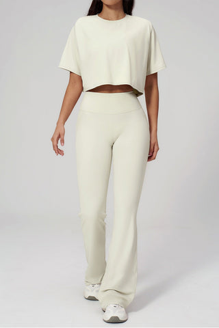 Short Sleeve Crop Top & High Waist Flared Pants Set – Snatched Fit, Made to Move