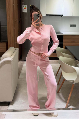 Ribbed Knit Two-Piece Lounge Set – Button Cardigan & Wide-Leg Pants