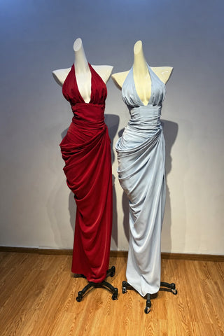 Draped Halter Corset Long Dress with High Slit