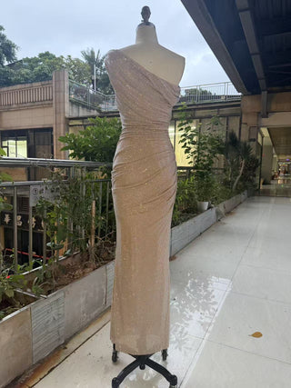 One-Shoulder Shimmer Mesh Long Evening Dress