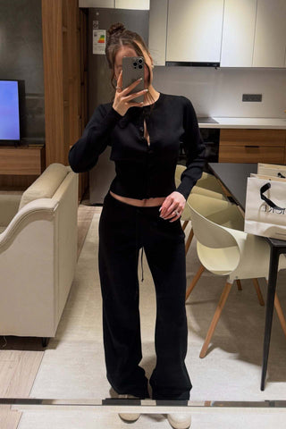 Ribbed Knit Two-Piece Lounge Set – Button Cardigan & Wide-Leg Pants
