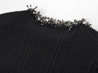 Embellished Neckline Ribbed Knit Midi-Long Mermaid Dress with Belt and Peplum Waist