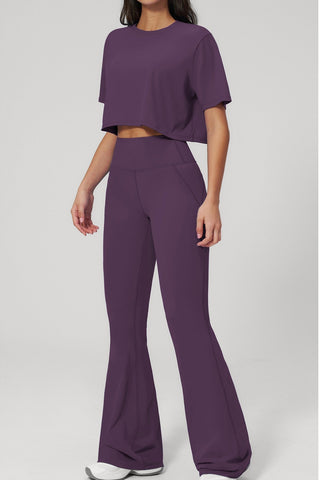 Short Sleeve Crop Top & High Waist Flared Pants Set – Snatched Fit, Made to Move