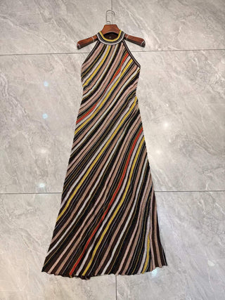 Halter Neck Open-Back Striped Knit Long Evening Dress
