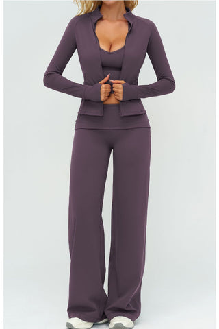 3-Piece Women’s Yoga Set – Cropped Tank, Zip Jacket & Wide-Leg Pants Activewear Set