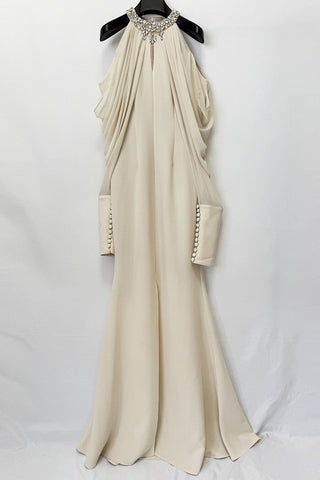 Crystal Embellished Halter Neck Draped Cold Shoulder Mermaid Long Dress