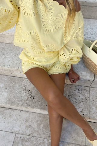 Sunshine Eyelet Co-Ord Set – Statement Sleeves, Scalloped Hem & Embroidered Shorts