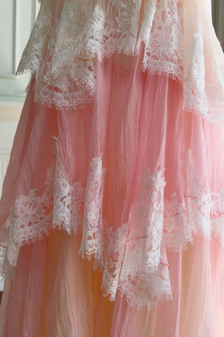 Tiered Lace Long Dress – Layered Ruffle Design, Crisscross Back & Flowy Fit