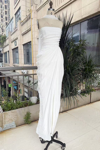 Strapless Ruched Long Dress with Lace-Up Back & High Slit