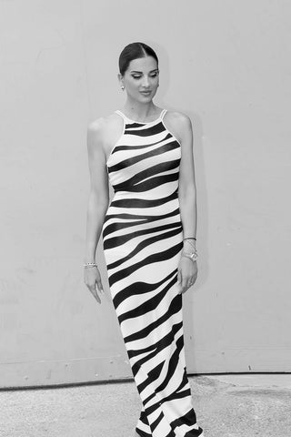 Sleeveless Zebra Print Knit Long Dress with Double Shoulder Straps