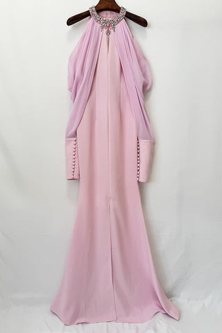 Crystal Embellished Halter Neck Draped Cold Shoulder Mermaid Long Dress
