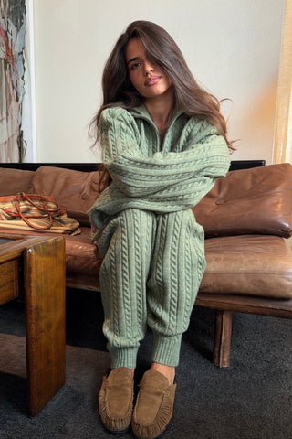 Cable Knit Zip-Up Cardigan and Jogger Pants Set