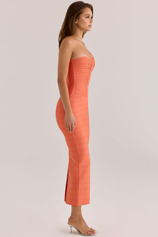 Strapless Bandage Midi Dress with Sculpted Sweetheart Neckline and Bodycon Fit