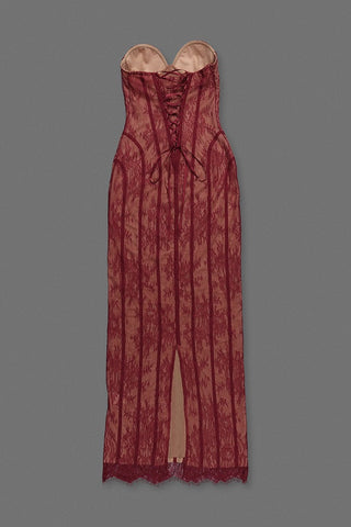 Sheer Lace Corset Strapless Long Dress with Lace-Up Back