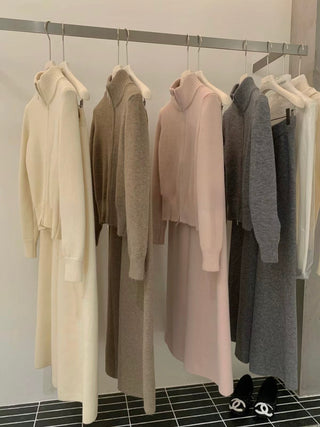 Zip-Up Knit Cardigan and Long A-Line Skirt Set