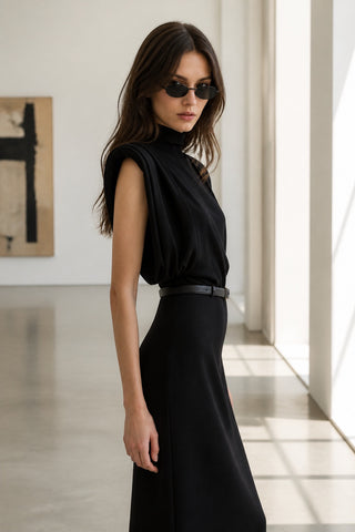 High-Neck Draped Shoulder Long Dress with Belt