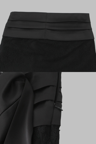 Black Lace Mini Skirt with Satin Bow and Pleated Waist