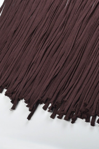 Fringe Knit Midi Dress with Embellished High Neck Detail