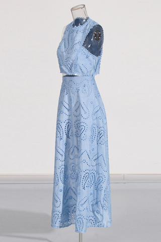 Sky Bloom Embroidered Eyelet Set  Round Neck Crop Top & High-Waist Maxi Skirt