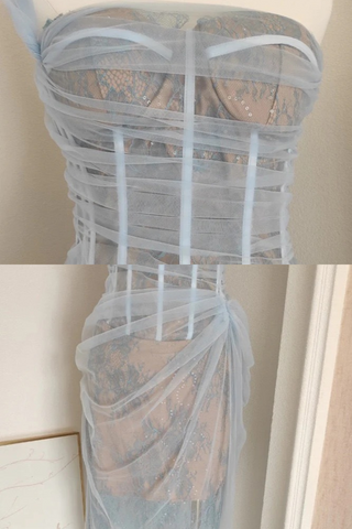 One-Shoulder Lace Long Dress with Tulle Draping