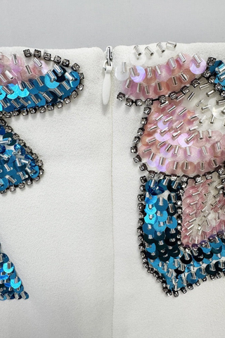 Off-Shoulder Long Sleeve Crepe Long Dress with Hand-Beaded Floral Embellishment