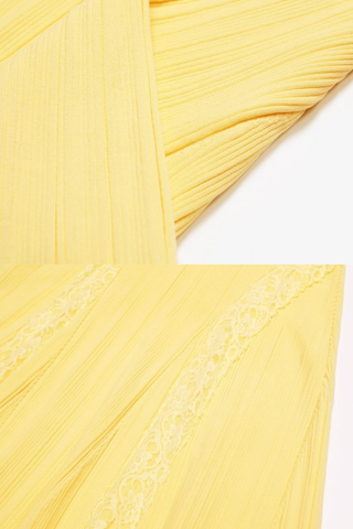 Ribbed Knit Round Neck Short Sleeve Long Dress with Lace Panels & Ruffle Hem