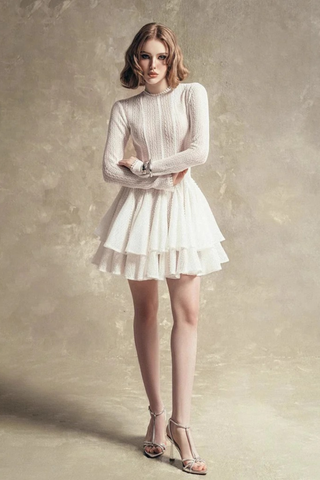 Elegant Lace Mesh Long Sleeve Layered Mini Dress